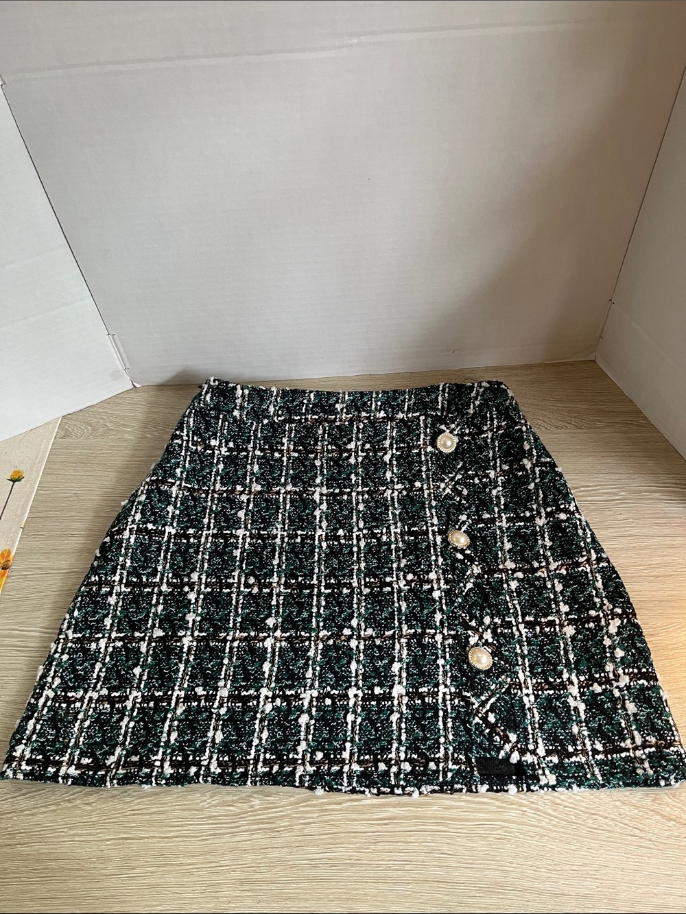 Plaid Tweed Mini Skirt with Pearl Button Accents